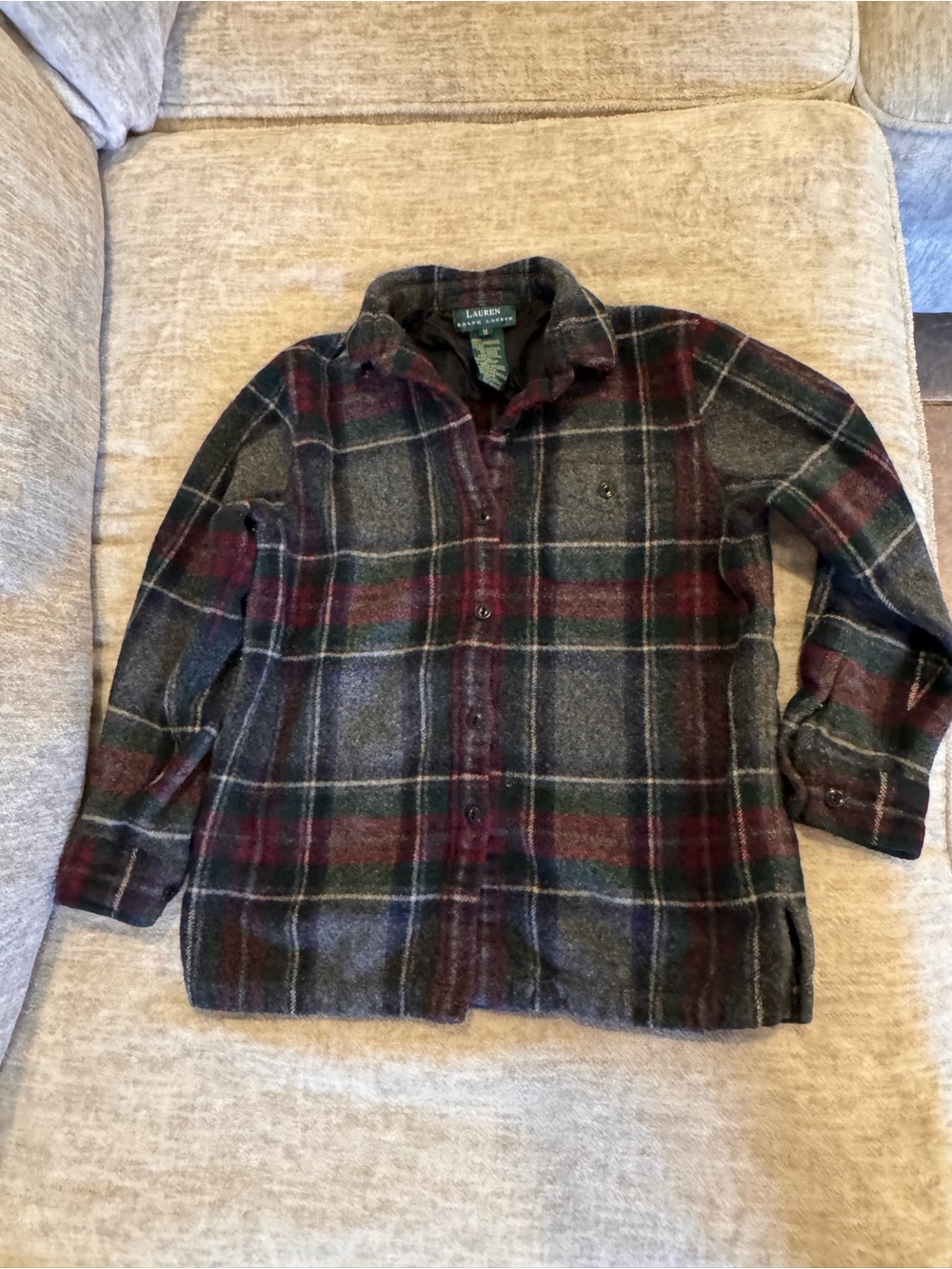 Ralph Lauren Plaid 100% LambsWool Shirt Jacket - Gray, Green, Burgundy